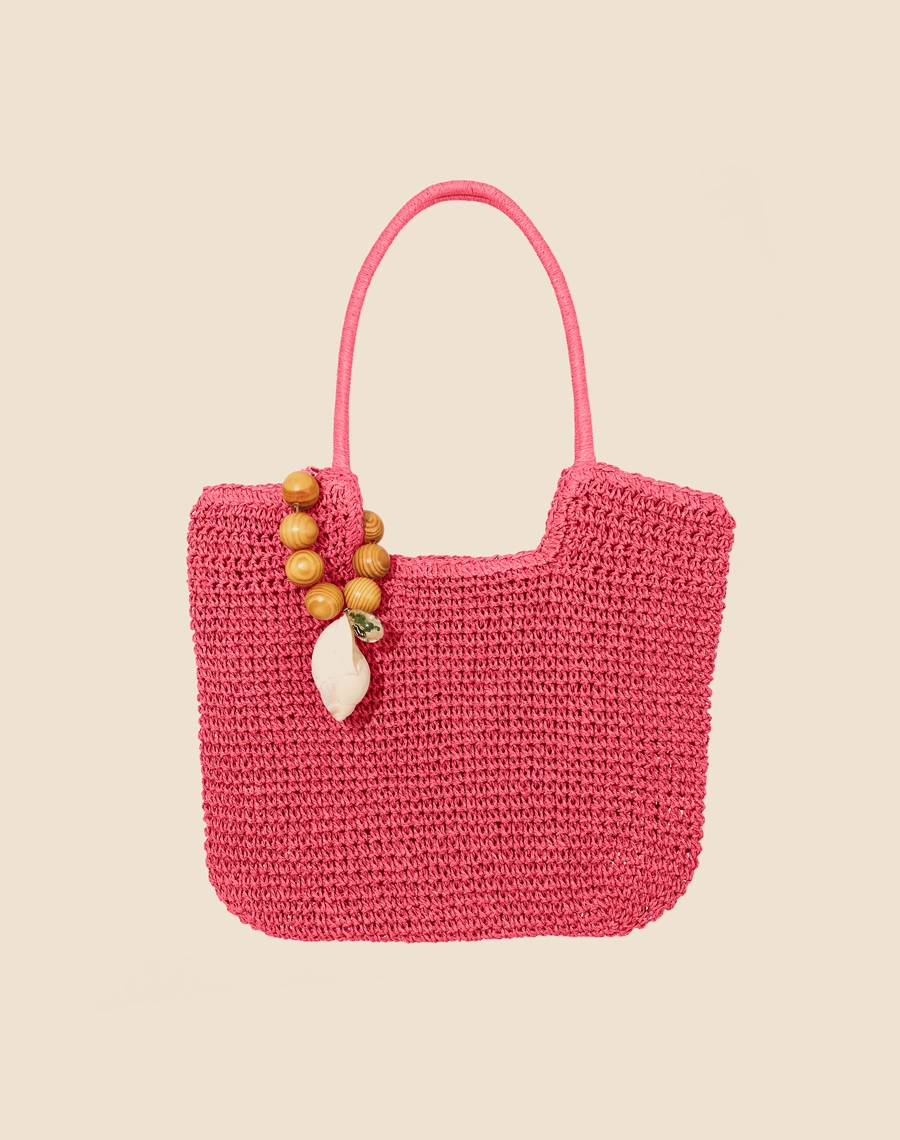 Shopping Bag Marine com formato tote bag de ráfia sintética com maxi pingente removível de madeira, resina e concha natural. <br/>