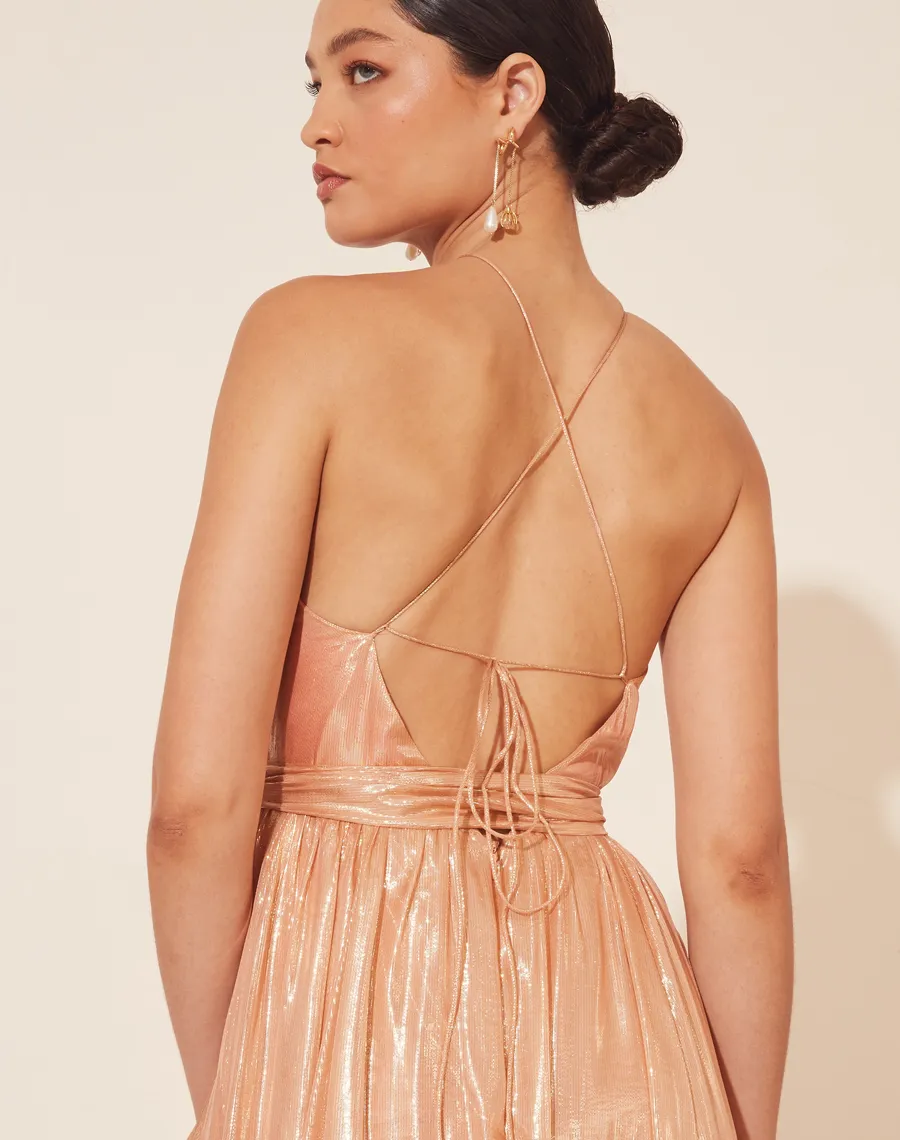 Vestido Longo de Alça confeccionado em Seda. Com decote frente unica, detalhes franzidos na cintura, costas abertas e alças finas para amarração. Silhueta acinturada, possuí forro curto e fenda lateral. Fechamento por zíper nas costas. <br/>