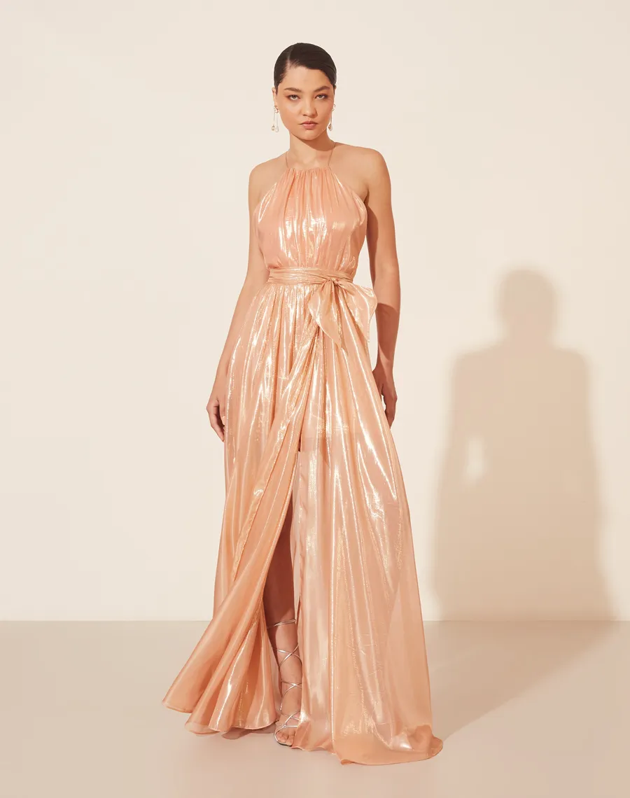 Vestido Longo de Alça confeccionado em Seda. Com decote frente unica, detalhes franzidos na cintura, costas abertas e alças finas para amarração. Silhueta acinturada, possuí forro curto e fenda lateral. Fechamento por zíper nas costas. <br/>