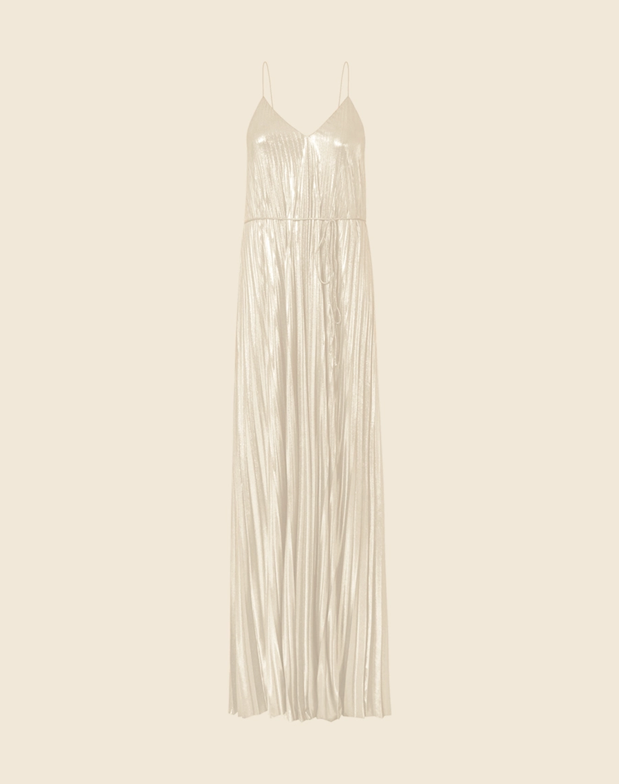 Vestido Plissado Aurora confeccionado em Malha Foil. Com decote em V e alças finas. <br/>
Vestido de modelagem ampla e forro. <br/>
Acompanha fita para amarração na cintura. <br/>
