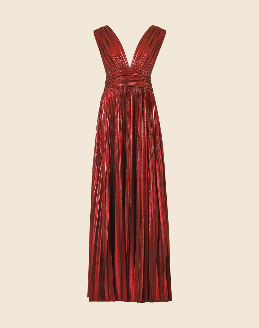 Vestido Leticia confeccionado em Malha Foil, com decote V profundo e costas abertas. Vestido acinturado, com acabamento plissado. <br/>
Fechamento lateral por zíper invisível. <br/>>
