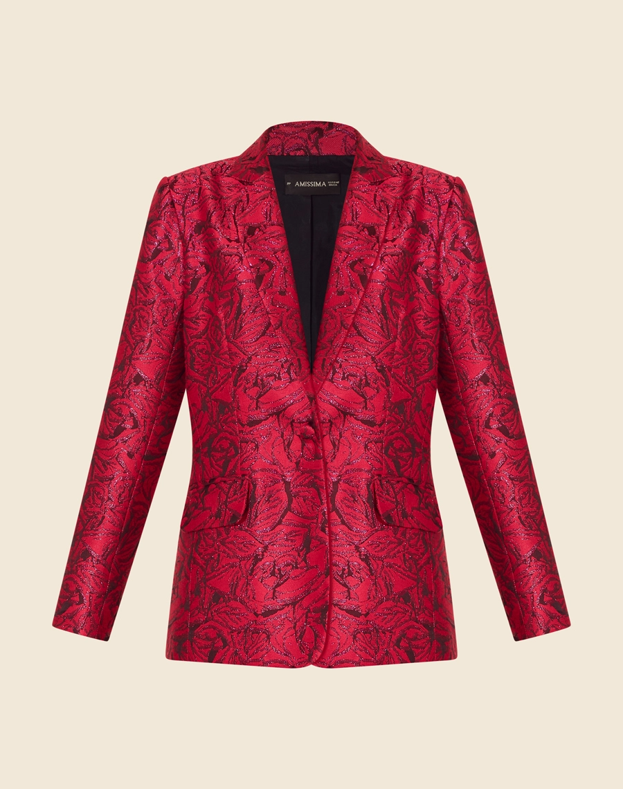 Blazer Eslovenia confeccionado em tecido jacquard brilhante. 