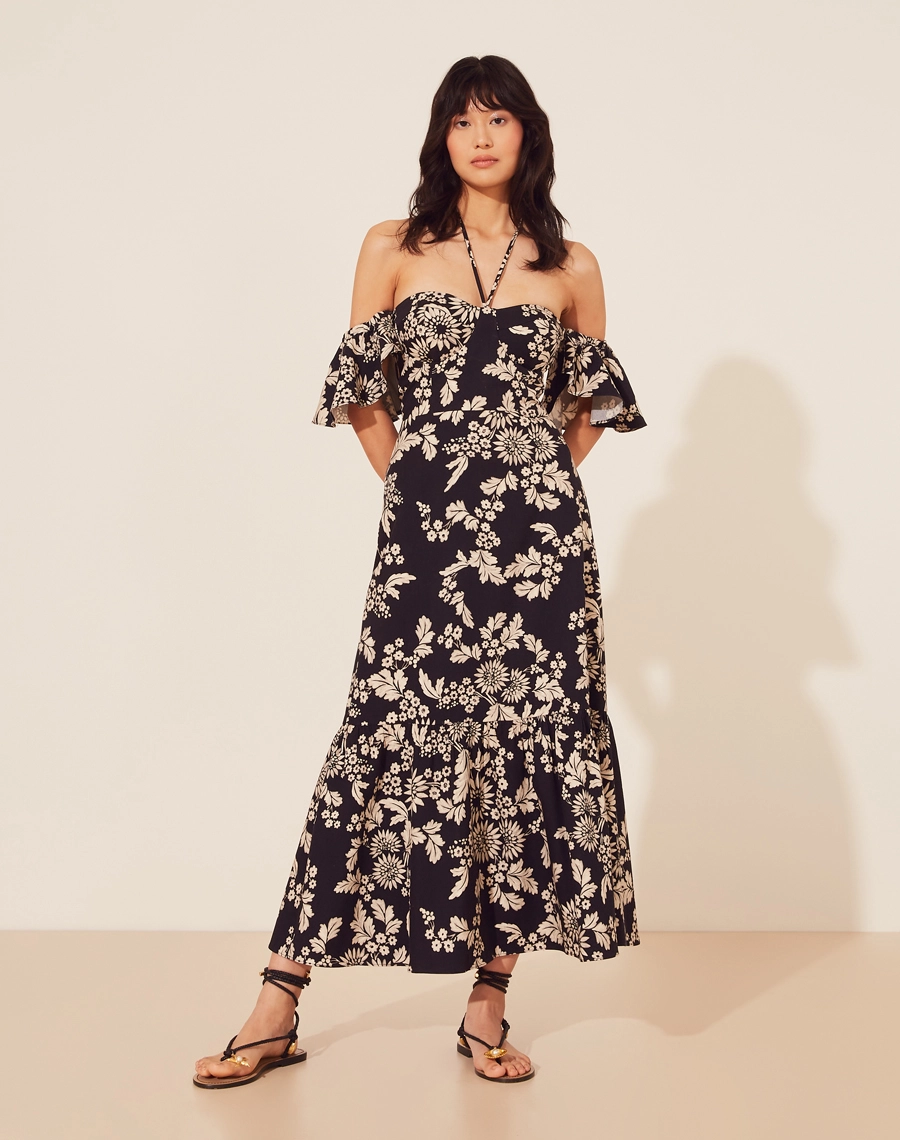 Vestido Verona confeccionado em tecido misto estampado, com toque macio e suave. <br/>
Possui decote coração com alças finas  para amarrar no pescoço, frente unica e mangas em babados.<br/>
Detalhe em lastex nas costas e fechamento por ziper invísivel na lateral, seu comprimento é midi. <br/>
O vestido Verona valoriza a silhueta com seu decote coração e modelagem acinturada, trazendo um look charmoso e moderno.  <br/>
 
