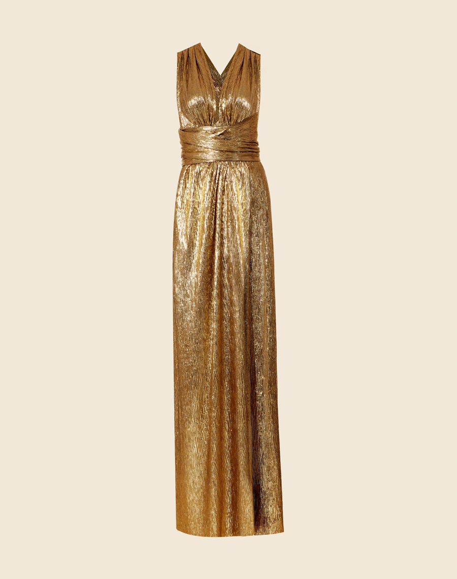 Vestido Longo Camila confeccionado em malha foil . <br/>
Com decote V frente única, com possibilidade de diversas amarrações. <br/>
Possui detalhe de faixa franzida na cintura valorizando a silhueta. <br/>
Sua saia contem fenda.<br/>