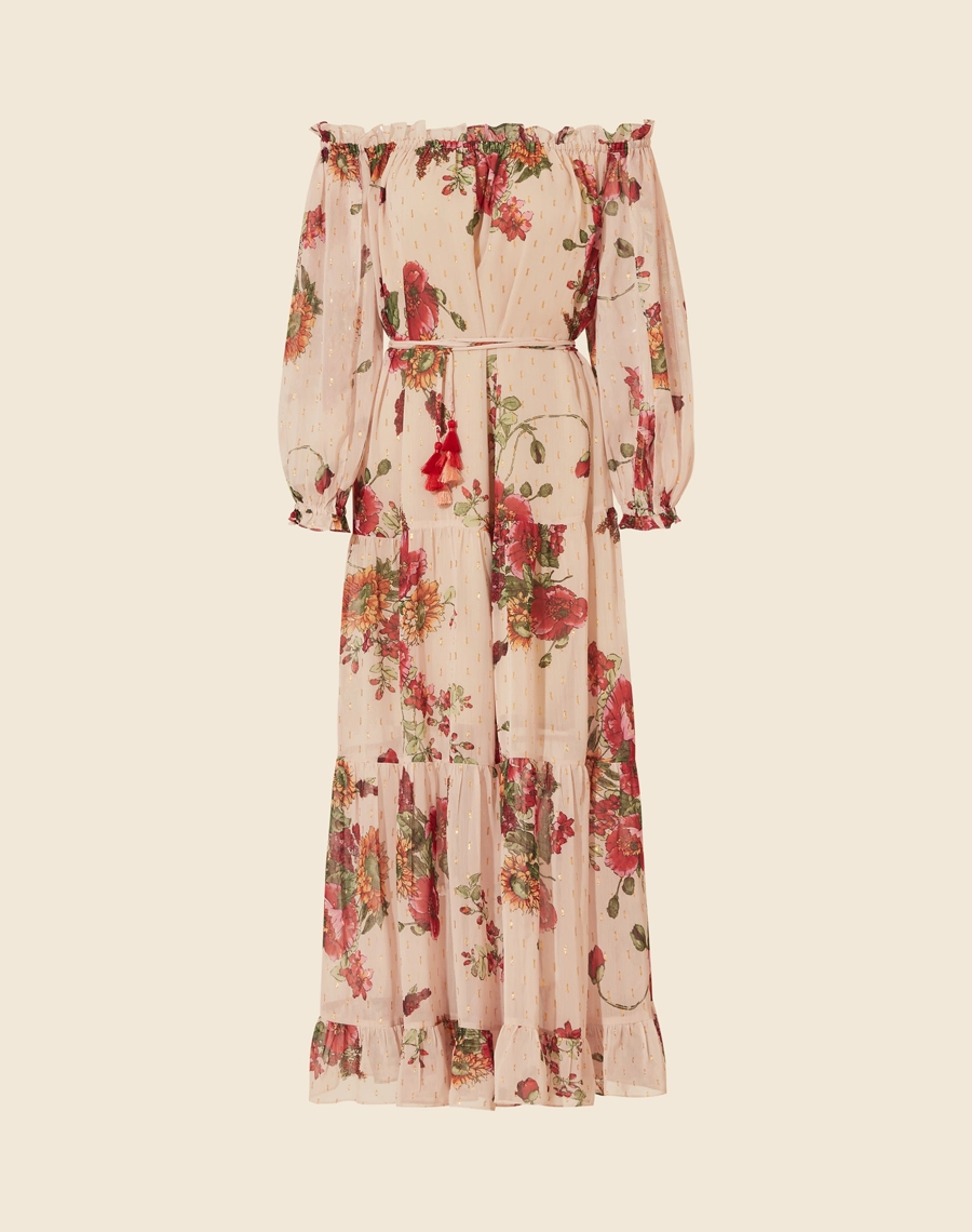 Vestido Longo Betina, confeccionado em tecido de poliéster estampado, tecido leve e fluido. 
Possui decote ombro a ombro com elástico interno, o que proporciona melhor ajuste e conforto e mangas longas com elástico interno o punho para melhor caimento. 
