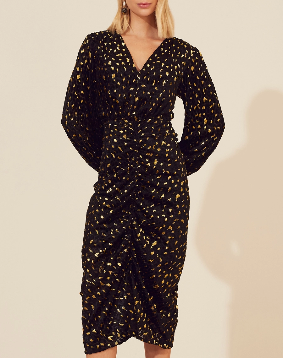 Vestido Midi Liza confeccionado em viscose com poliéster, com zíper invisível para fechamento atrás.