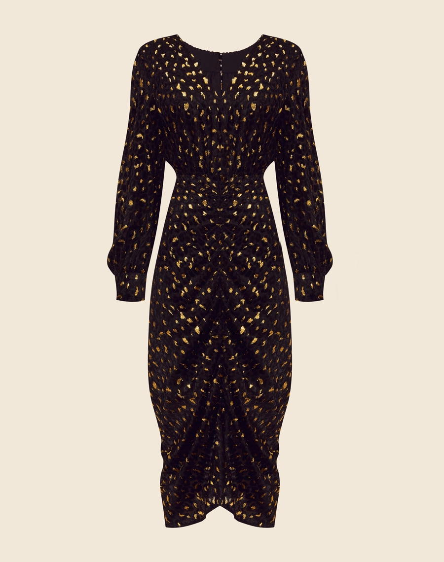 Vestido Midi Liza confeccionado em viscose com poliéster, com zíper invisível para fechamento atrás.