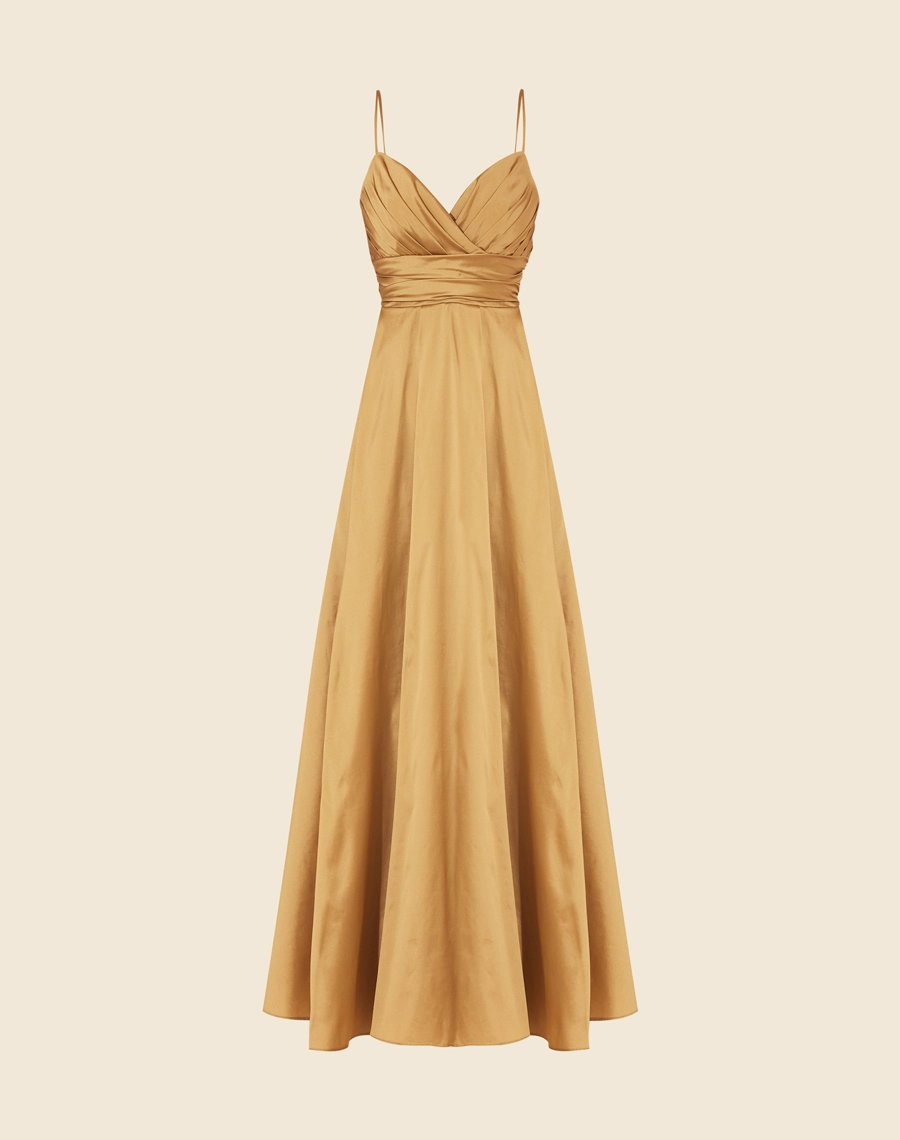 Vestido Longo Maite confeccionado em tafetá. Possui decote V com detalhe sobreposto e alças finas.