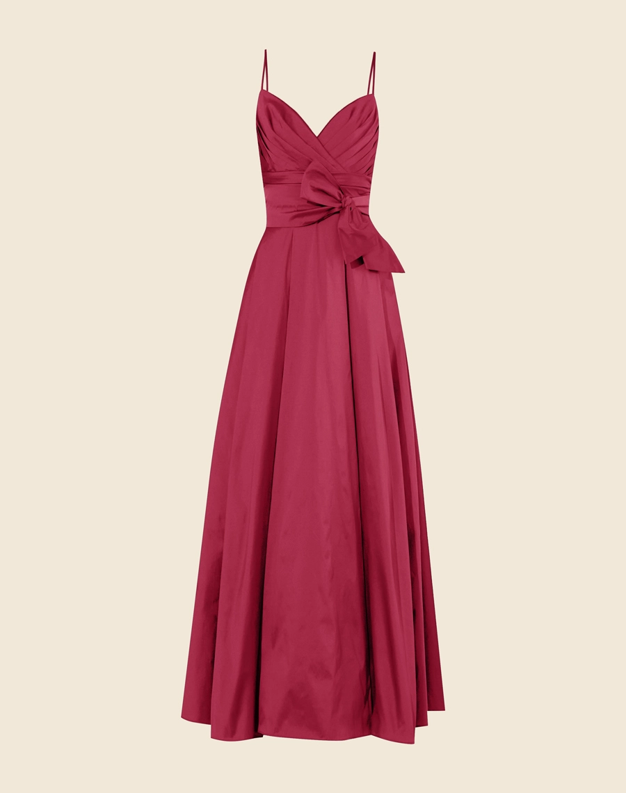 Vestido Longo Maite confeccionado em tafetá. Possui decote V com detalhe sobreposto e alças finas.