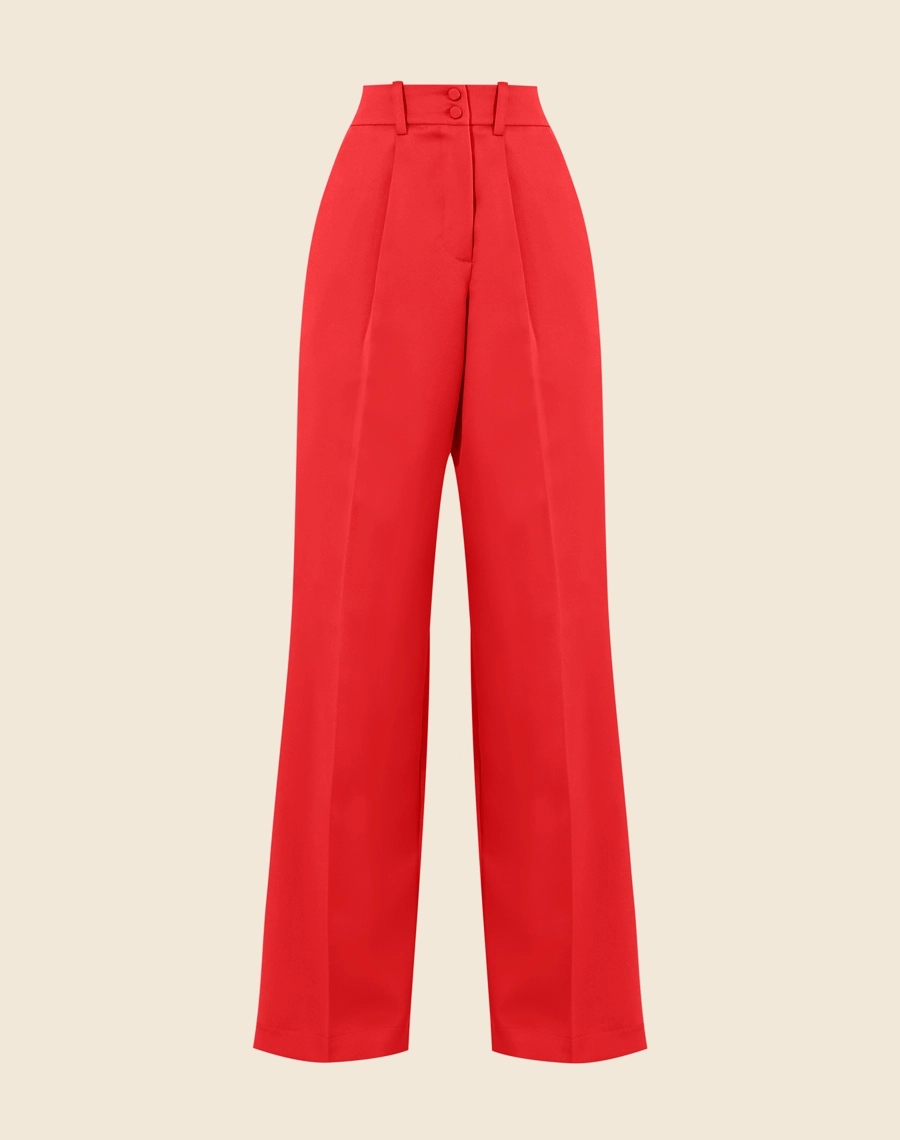Calça Helga confeccionada em Crepe Acetinado. Com modelagem alfaitaria, cintura alta e pregas na cintura.<br/>
