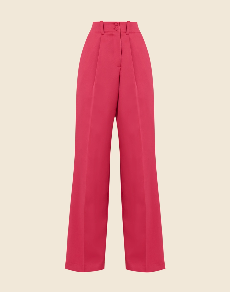 Calça Helga confeccionada em Crepe Acetinado. Com modelagem alfaitaria, cintura alta e pregas na cintura.<br/>
