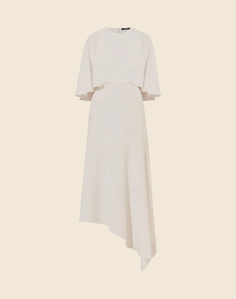 Vestido Midi Elia confeccionado em Crepe Patou. Com gola redonda, fechamento por botão de aselha e ziper invisível nas costas.