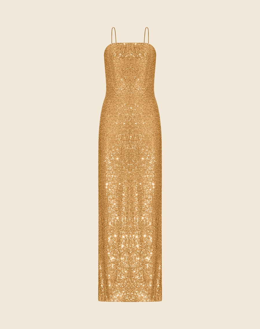 Vestido Longo Acalia peça confeccionada em Paetê, com decote quadrado e alças finas.<br/>
Seu fechamento em zíper invisível nas costas oferece um acabamento discreto e elegante. <br/>
