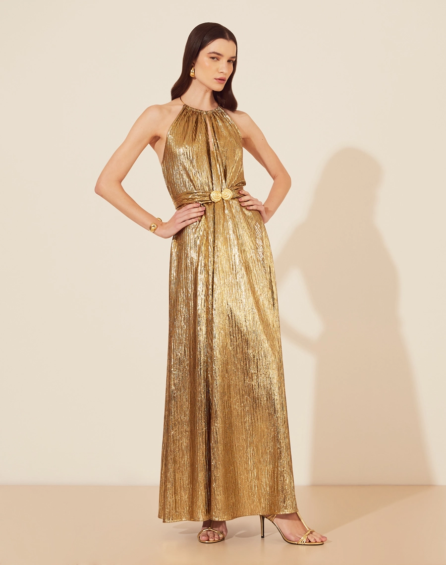 Vestido Longo Aurora confeccionado em malha foil, trazendo brilho e sofisticação para qualquer ocasião. <br/>
