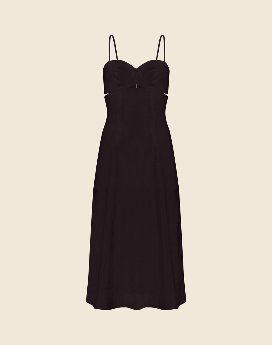 Vestido Midi Hibisco em Linho misto com Viscose, que combina a resistência e frescor do linho com o toque suave e a leveza da viscose.<br/>
Alças finas com decote coração e recorte, com um design que valoriza a silhueta.<br/>
Fechamento por zíper nas costas, garantindo praticidade e um caimento impecável.<br/>