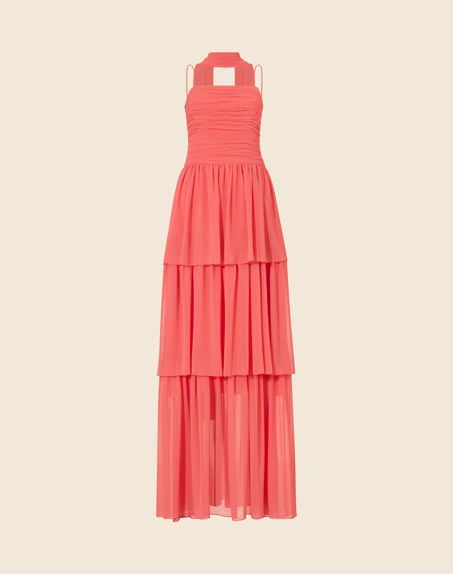 Vestido Longo Leopolda confeccionado em chiffon, garantindo leveza e movimento a cada passo. Suas cores vibrantes tornam a peça  indispensável em festas de verão.