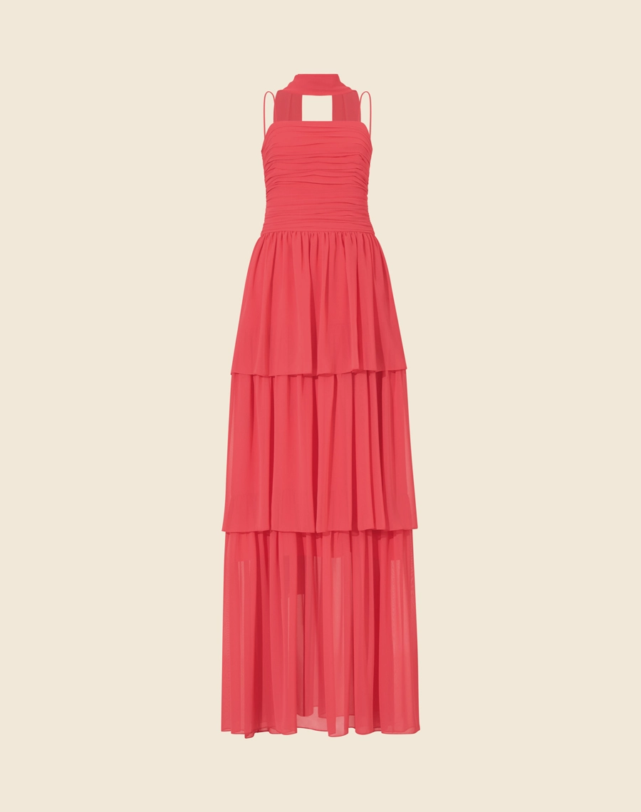 Vestido Longo Leopolda confeccionado em chiffon, garantindo leveza e movimento a cada passo. Suas cores vibrantes tornam a peça  indispensável em festas de verão.