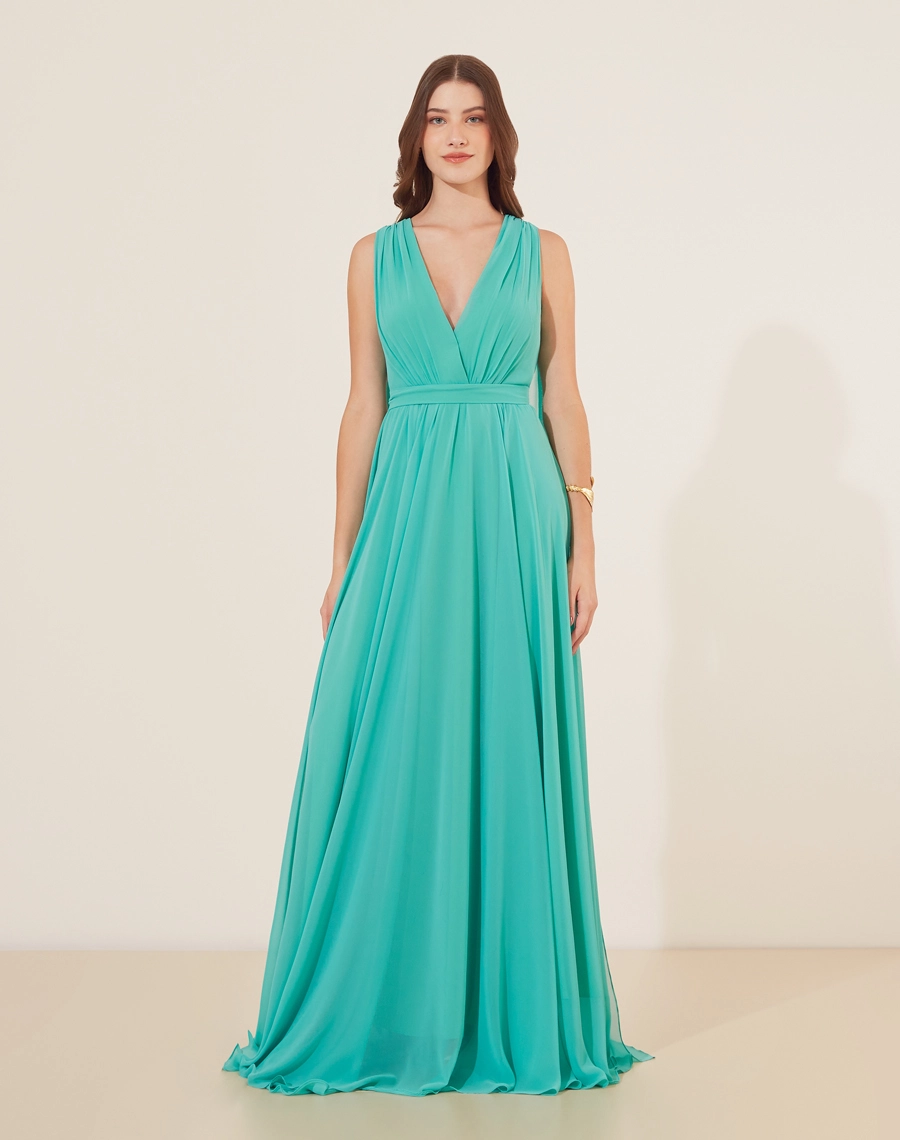 Vestido Longo Deborah é confeccionado em chiffon, tecido leve e com uma transparência discreta. É indispensável em eventos sociais e sofisticados. <br/> <br/>