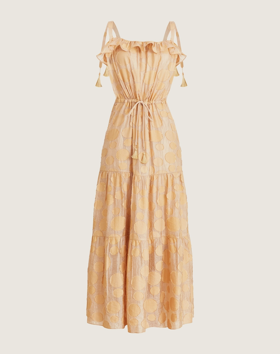 O Vestido Longo Anna é confeccionado em viscose mista com detalhes geométricos bordados. É perfeito para passeios diurnos, almoços casuais ou coquetéis informais.