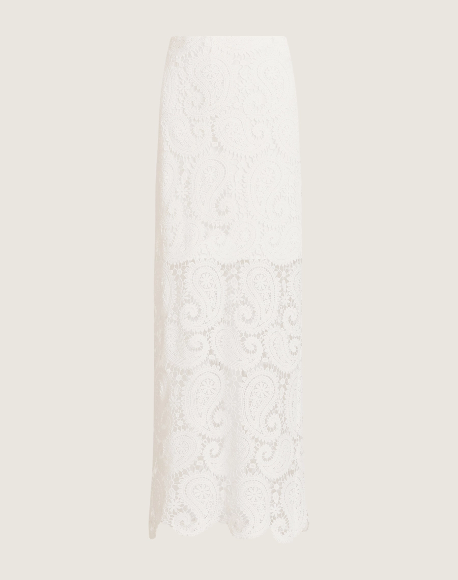 Saia midi em renda de algodão com padrão paisley, forro interno e fenda nas costas. Elegante, fresca e perfeita para eventos ao ar livre.