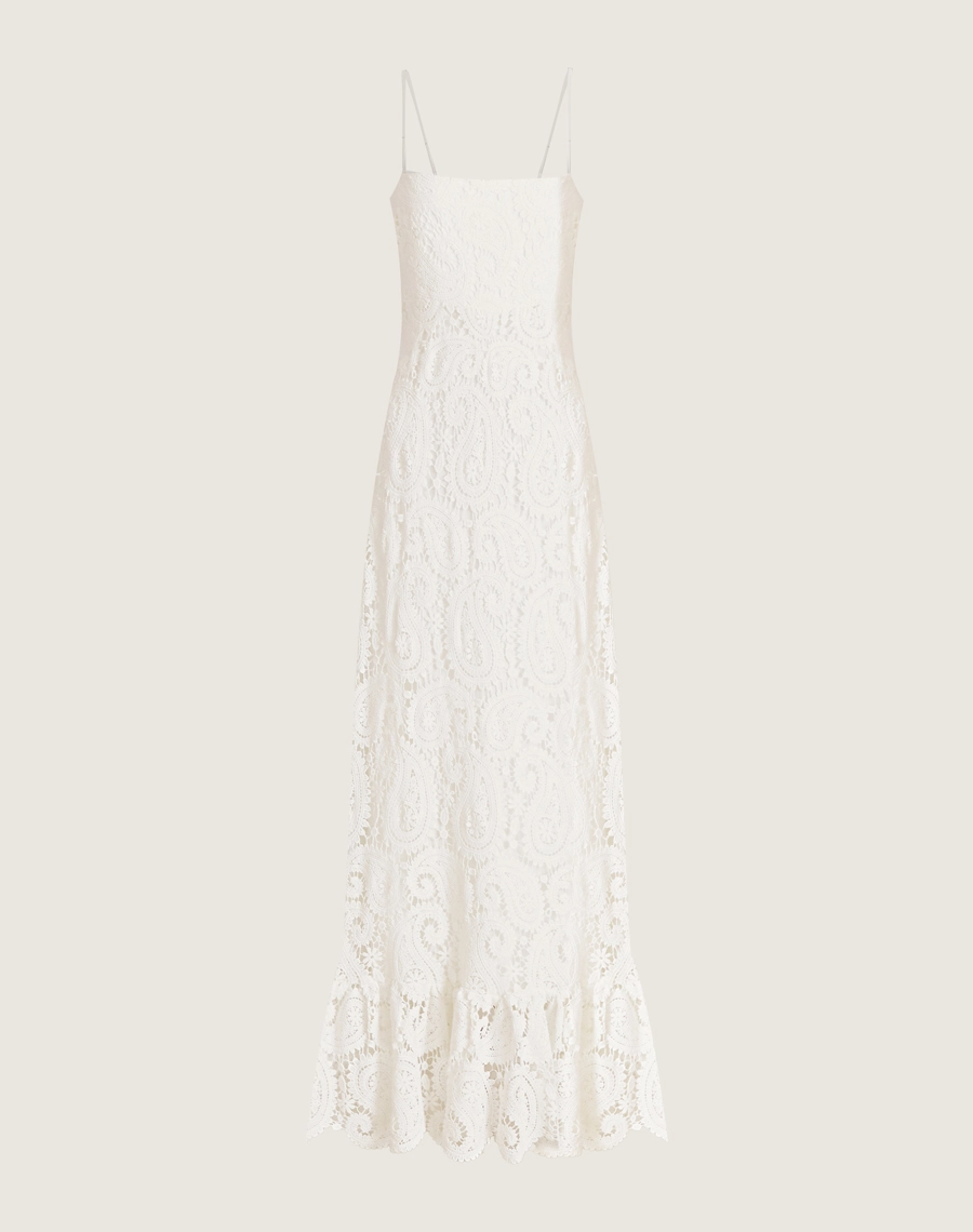 Vestido longo em renda de algodão com alças finas, lastex nas costas e barrado com babado. Elegante, leve e ideal para eventos ao ar livre.