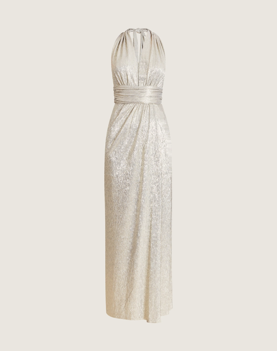 O Vestido Longo Cibele é confeccionado em Brode Foil, tecido leve e delicado que combina o charme do bordado com o brilho elegante do acabamento em foil metálico. 