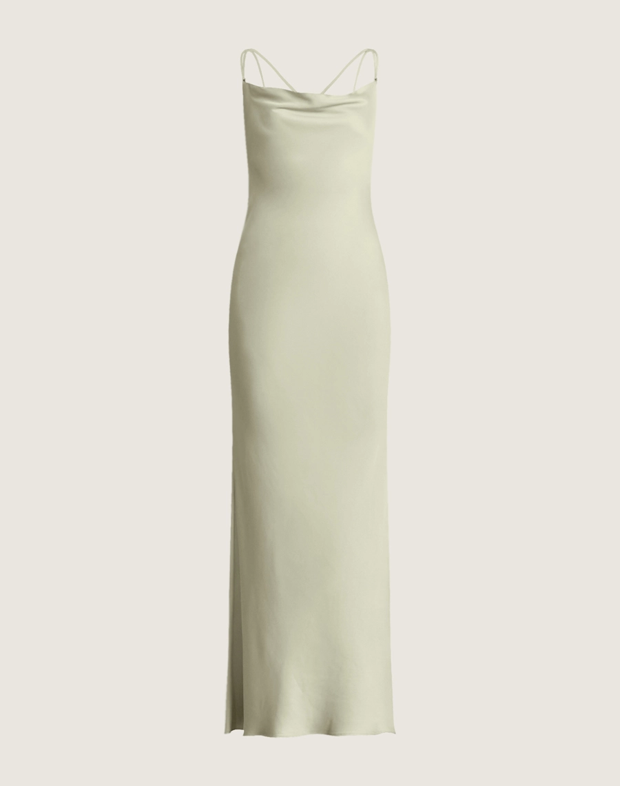 Vestido Longo Glaucia confeccionado em cetim, um tecido de caimento leve e toque acetinado. 