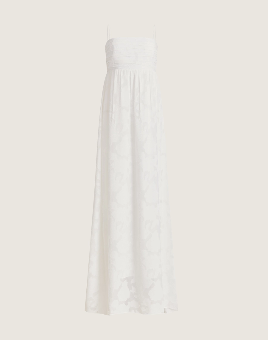 O Vestido Longo Jenny é confeccionado em Jacquard, tecido encorpado e sofisticado, possui textura elegante.