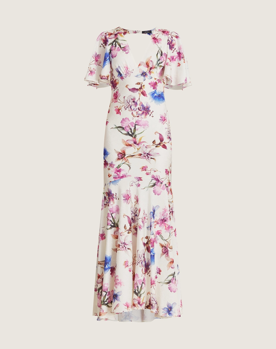 O Vestido Longo Amalia é confeccionado em cetim estampado, um tecido leve e fluido, que proporciona conforto nos dias mais frescos.