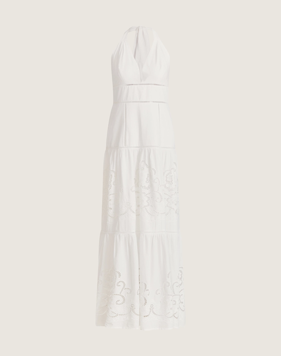 O Vestido Longo Perola é confeccionado em Laise, garantindo um toque leve e confortável, ideal para os dias mais quentes.