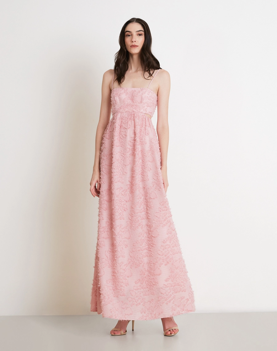 O Vestido Longo Anahi é confeccionado em Jacquard, tecido elegante e texturizado, conhecido pelo relevo suave e pelinhos que adicionam volume e sofisticação.