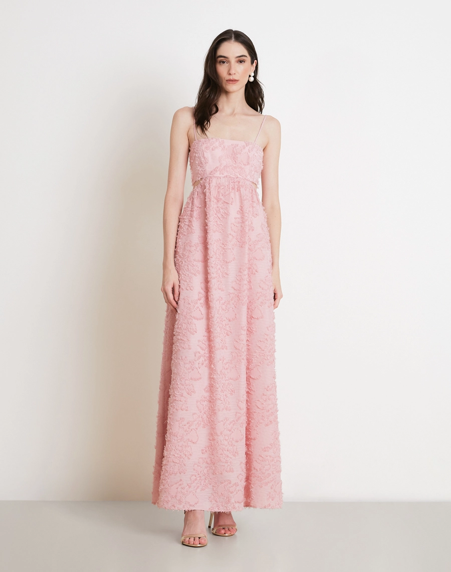 O Vestido Longo Anahi é confeccionado em Jacquard, tecido elegante e texturizado, conhecido pelo relevo suave e pelinhos que adicionam volume e sofisticação.
