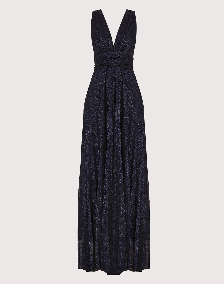 O Vestido Longo Salma é confeccionado em malha plissada de lurex, tecido de toque macio, excelente elasticidade e caimento fluido. <BR/>