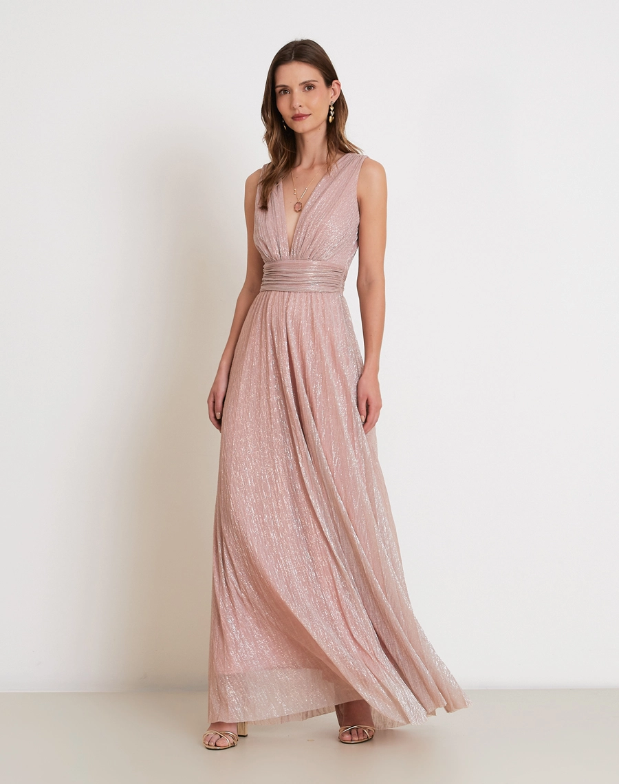 O Vestido Longo Salma é confeccionado em malha plissada de lurex, tecido de toque macio, excelente elasticidade e caimento fluido. <BR/>