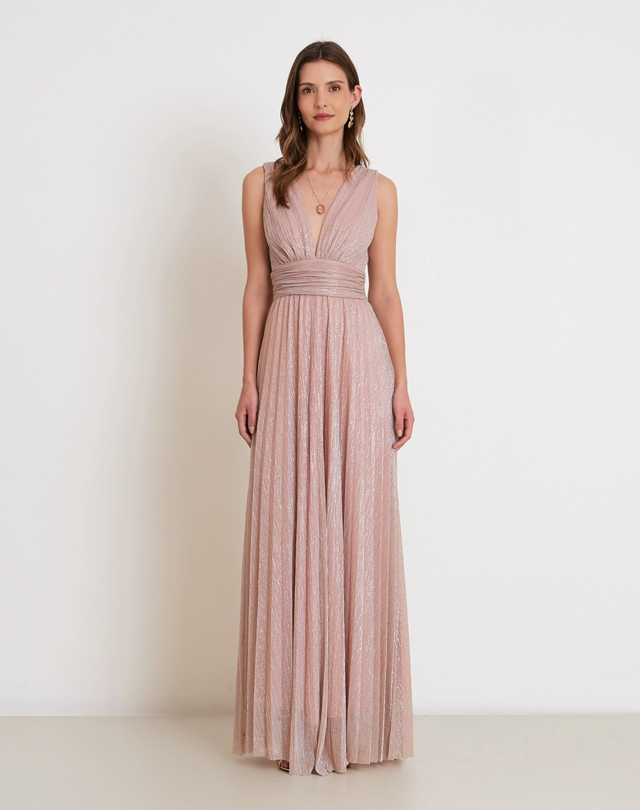 O Vestido Longo Salma é confeccionado em malha plissada de lurex, tecido de toque macio, excelente elasticidade e caimento fluido. <BR/>