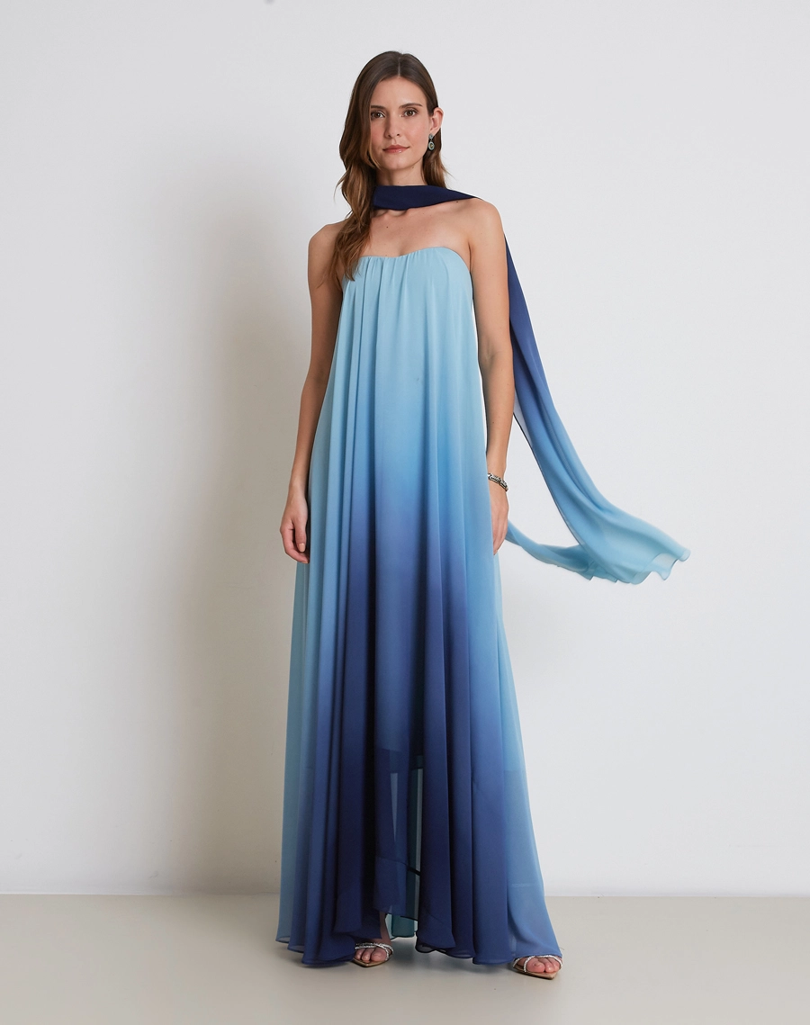 O Vestido Longo Nanda é confeccionado em Chiffon degradê, tecido leve, delicado e de excelente fluidez, que proporciona um caimento suave ao corpo.<br/>