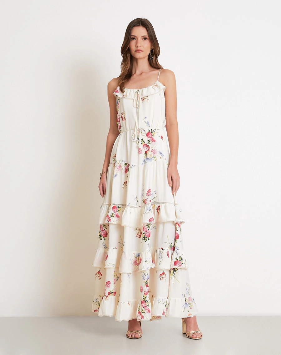 O Vestido Longo Dalia é confeccionada em Crepinho estampado de toque macio e caimento leve, com estampa floral delicada que traz feminilidade e um ar sofisticado.