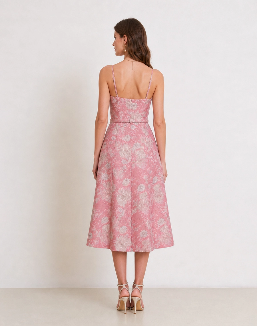 O Vestido Midi Ariela é confeccionado em jacquard, tecido que se destaca pela trama trabalhada com desenhos sofisticados.