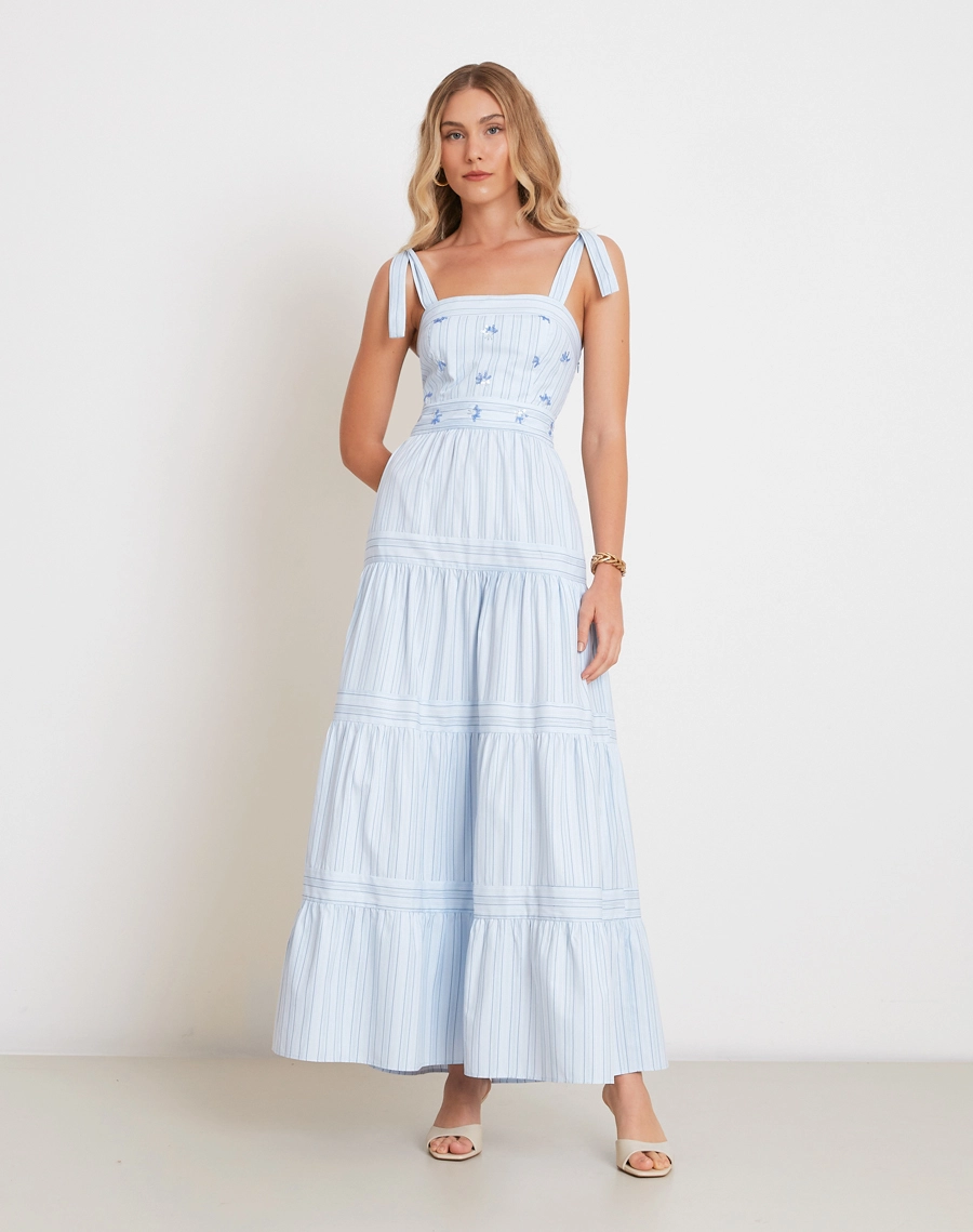 O Vestido Longo Pietra é confeccionado em tricoline listrado, tecido leve, estruturado e de ótimo caimento. <BR/>