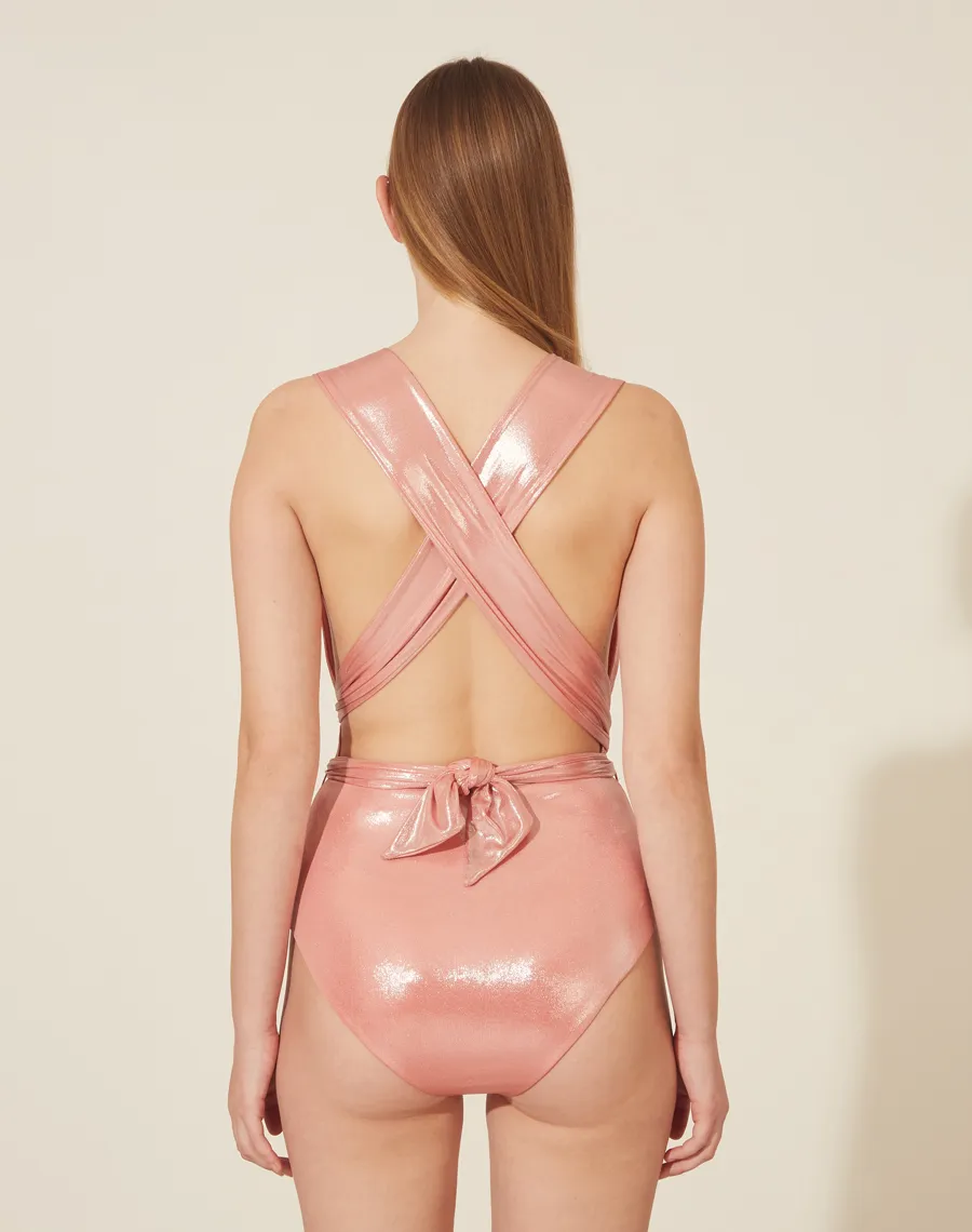 Body Amarração Tatiana confeccionado em malha foil. <br/> 
Possui decote profundo e amarração na cintura que forma o X nas costas.