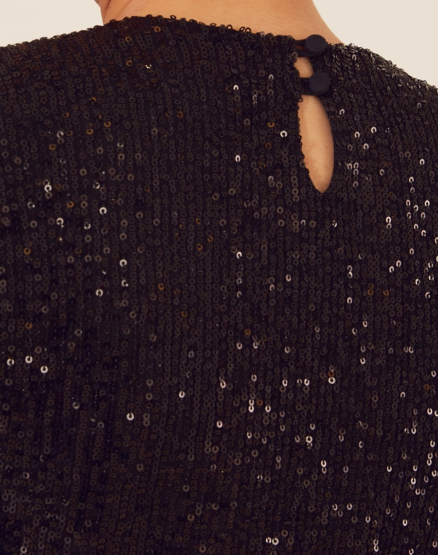 Blusa Cristal confeccionada em Paetê.<br/>
Possui gola redonda, mangas longas e modelagem justa ao corpo.<br/>
Com forro e seu fechamento é por botões de aselha. <br/>