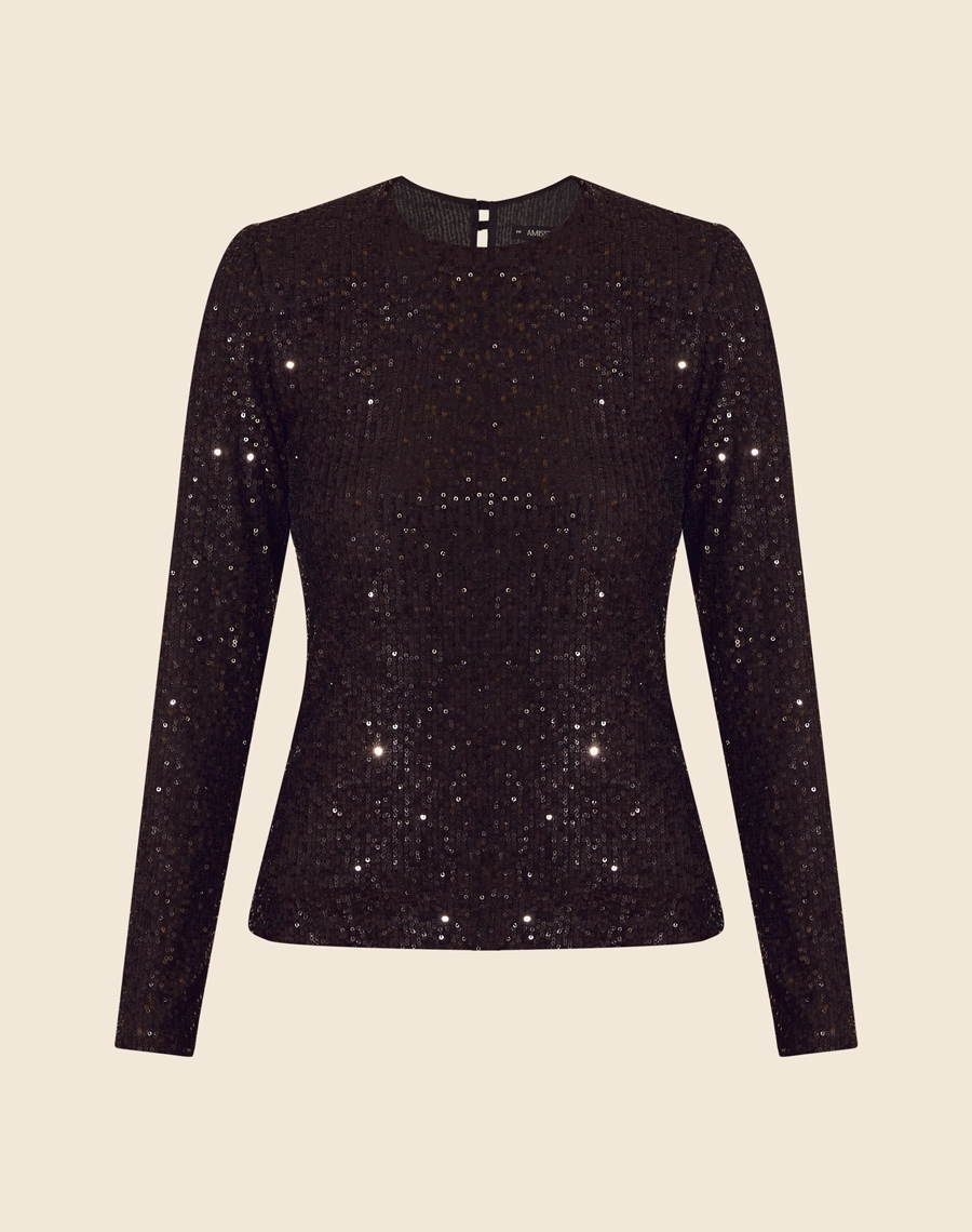 Blusa Cristal confeccionada em Paetê.<br/>
Possui gola redonda, mangas longas e modelagem justa ao corpo.<br/>
Com forro e seu fechamento é por botões de aselha. <br/>